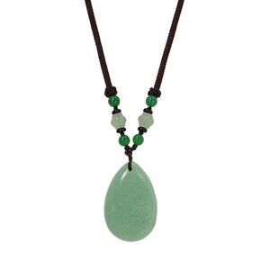 Large green aventurine stone pendant necklace in a teardrop shape on brown cord
